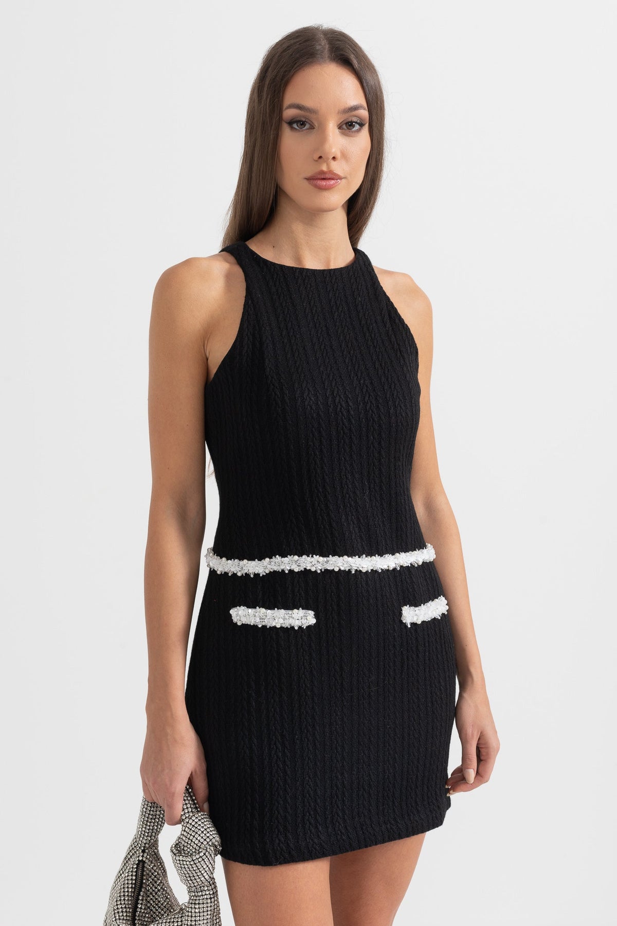 Elegant Sleeveless Textured Mini Dress- Black