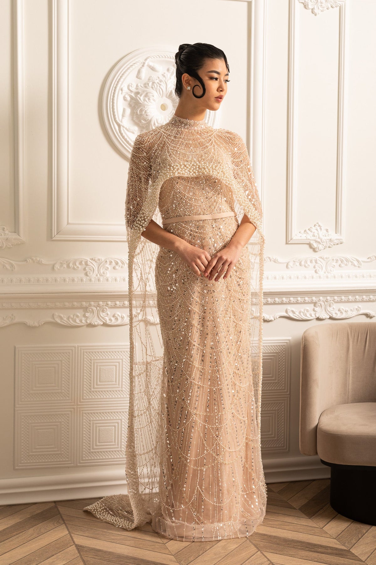 Glamourous Beaded Gown With Detachable Veil - Beige