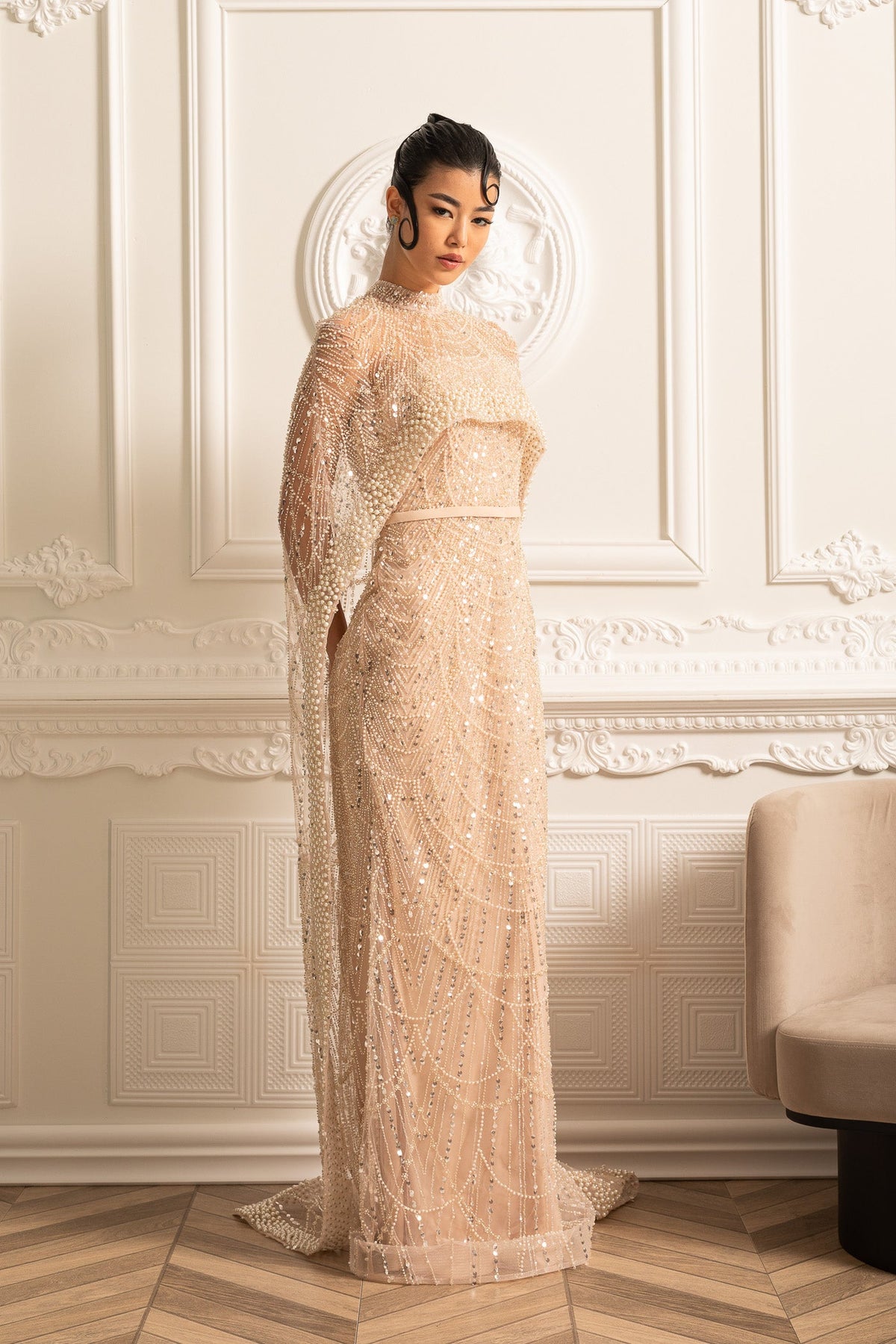 Glamourous Beaded Gown With Detachable Veil - Beige