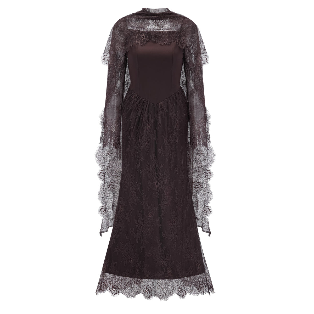Christa Brown Floral Lace Maxi Dress with Cape