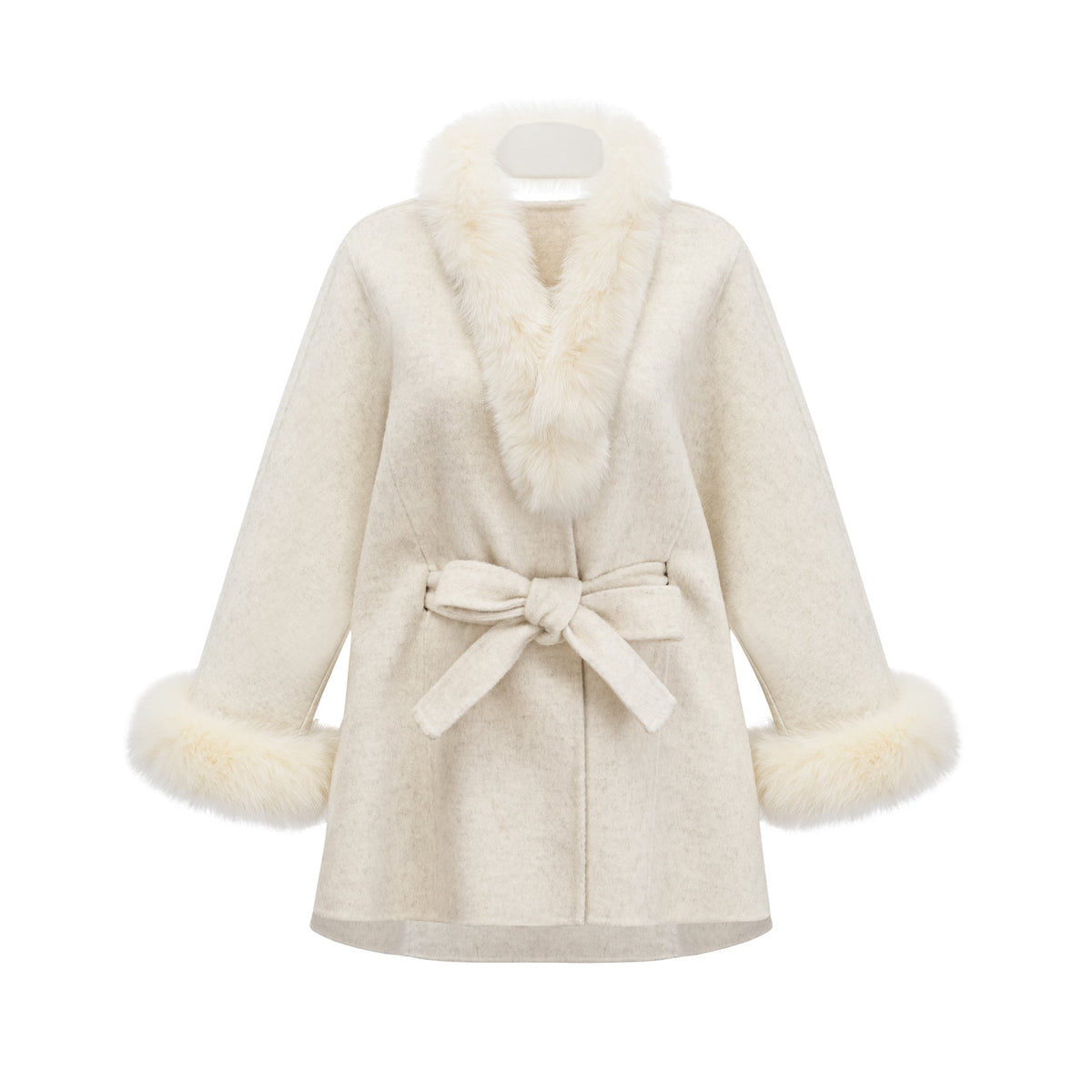 Cecilia White Belted Fur Trim Coat