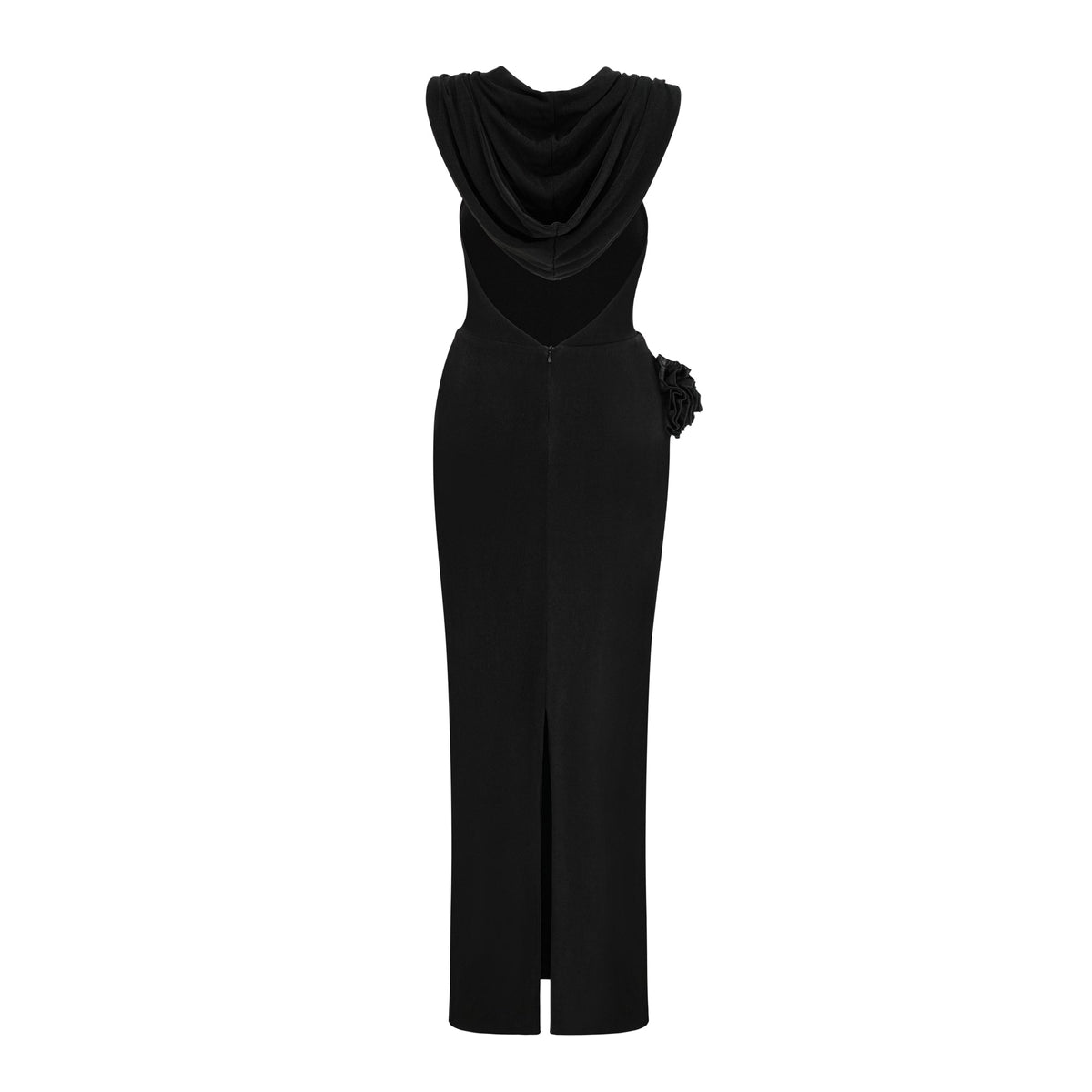 Axelle black floral-appliqué hooded maxi dress