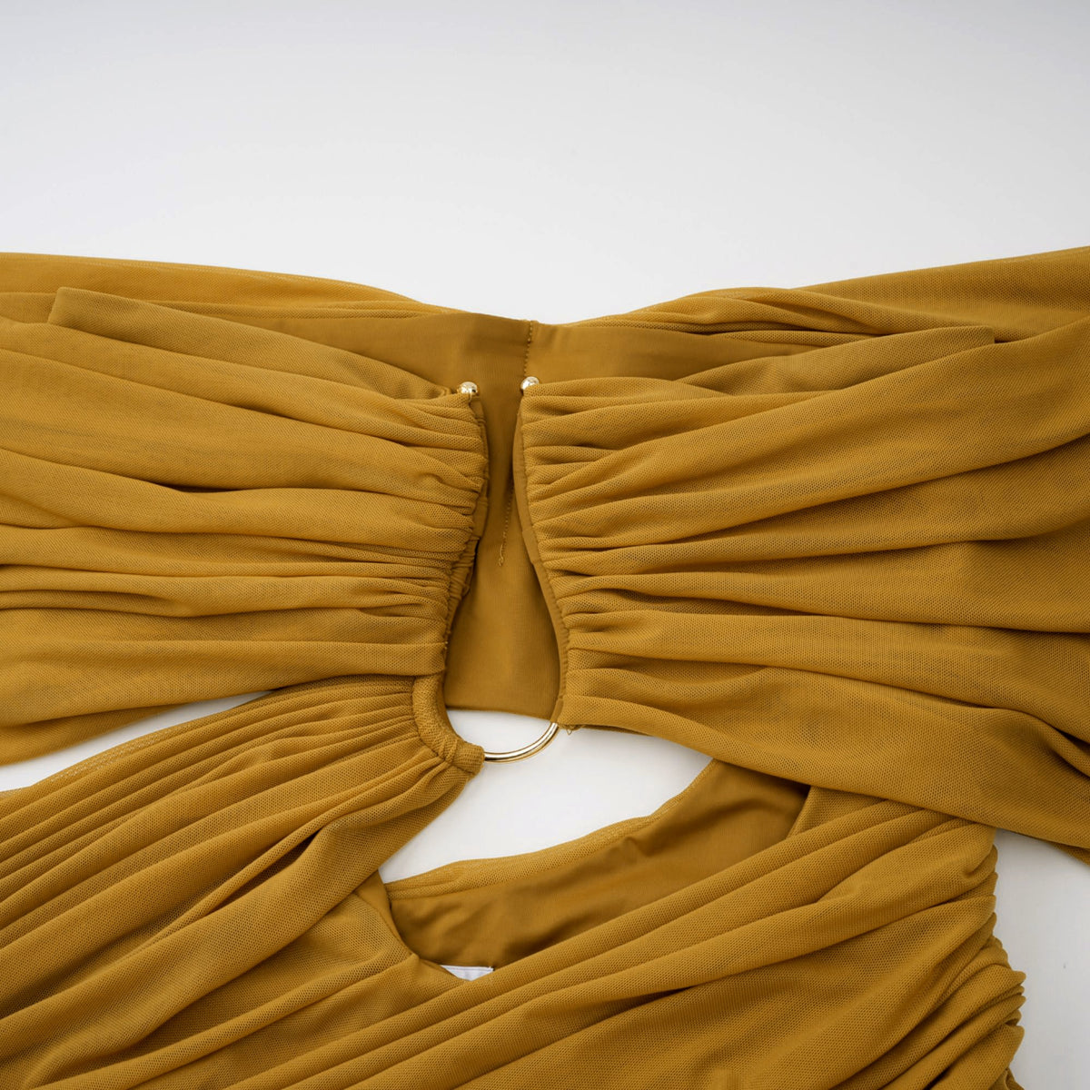 Ludivine ocher off-shoulder cut-out ruched maxi dress