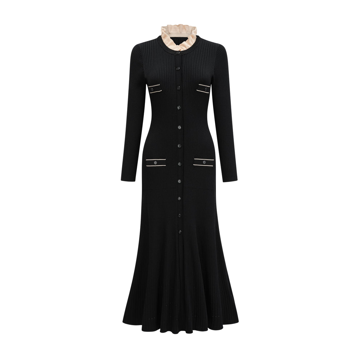 Nadège black ruffled-neck knitted midi dress - Black