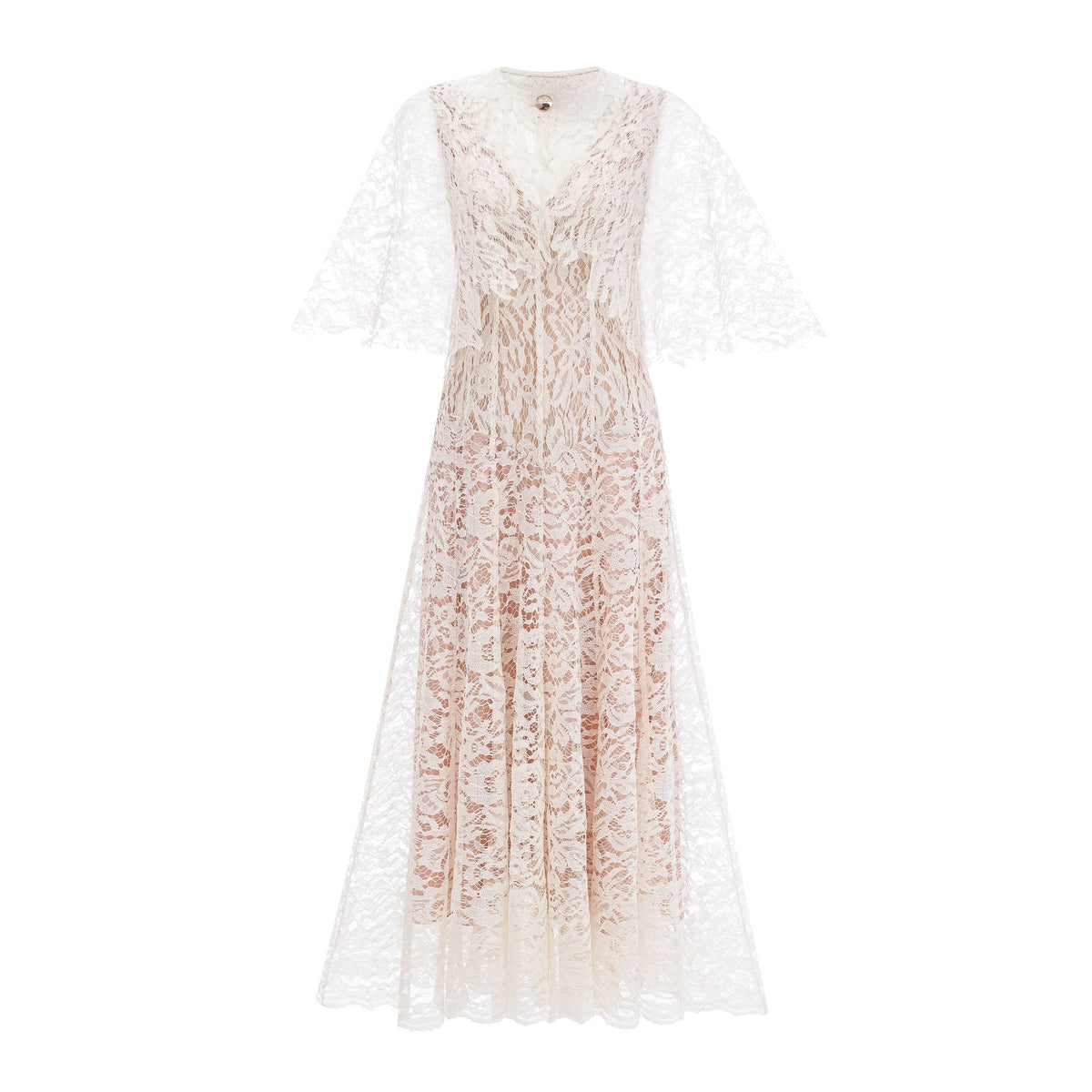 Alaia White Cape Design Floral Lace Midi Dress