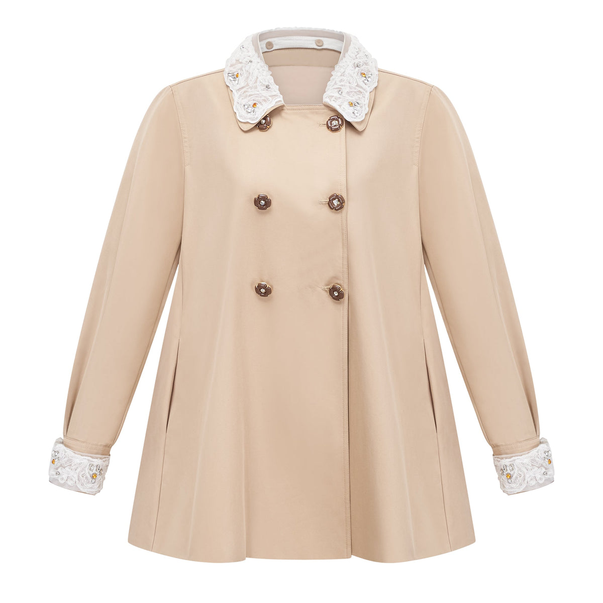 Marta Khaki Embellished Lace Trim Trench Coat (Final Sale-US Only)