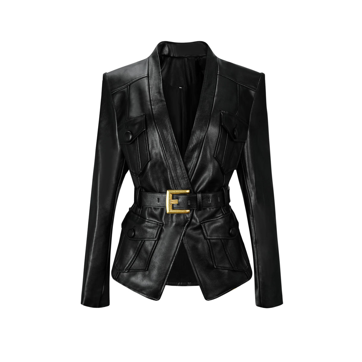 Isabel Black Belted Faux Leather Jacket