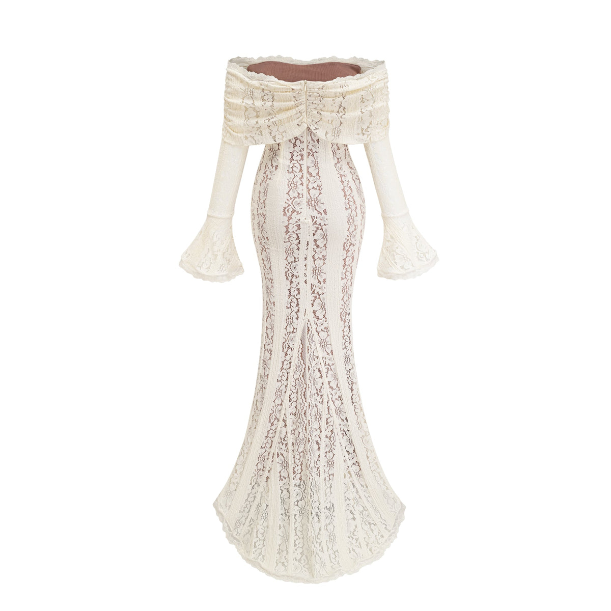 Émeline floral lace train-design maxi dress in Neutrals