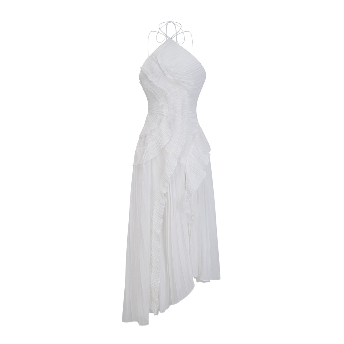 Doux White Ruffled Trim Pleated Midi Dress