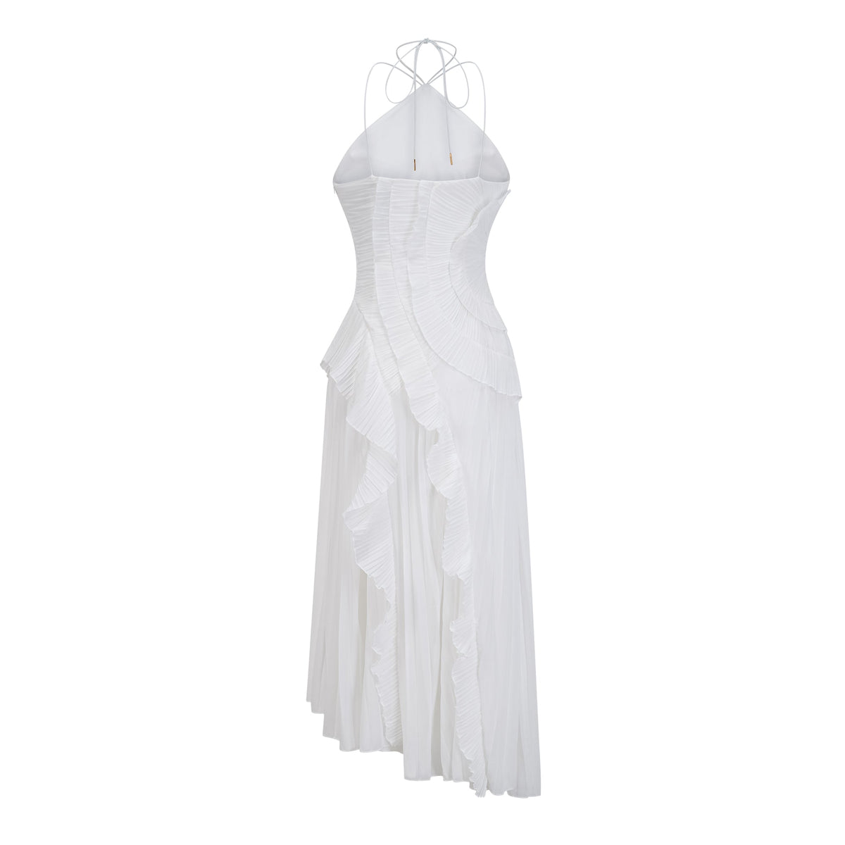 Doux White Ruffled Trim Pleated Midi Dress
