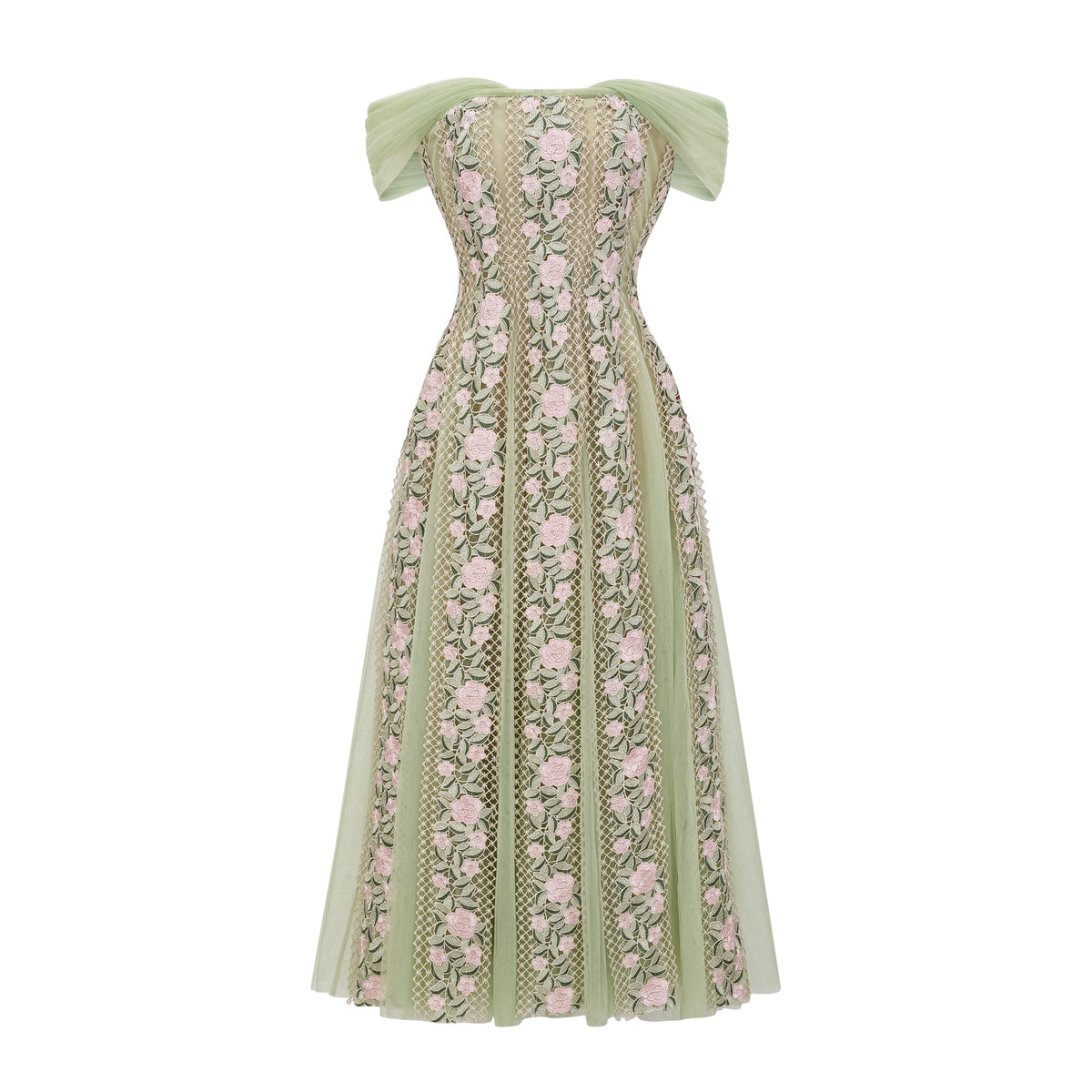 Eleni Green Tulle Panel Floral Midi Dress