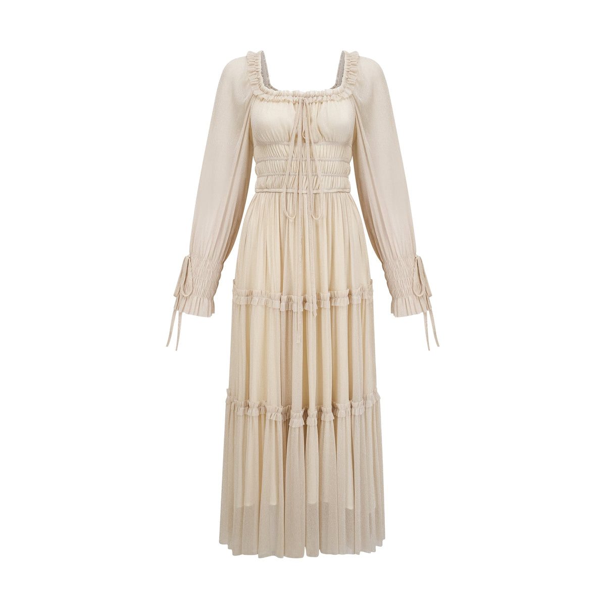 Camille pleated shirred metallic midi dress