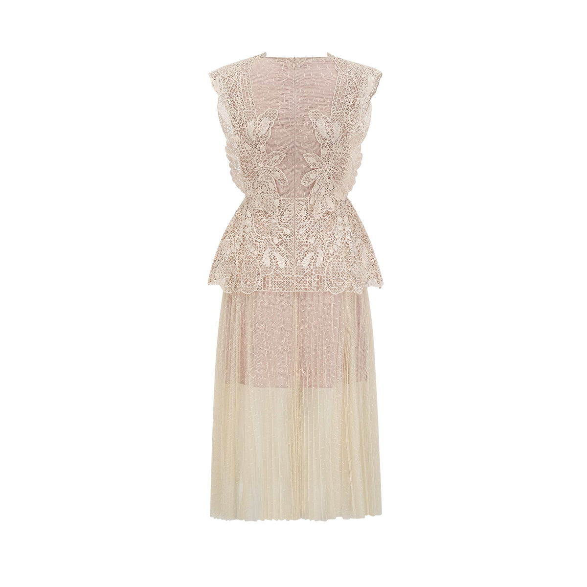 Céleste floral-lace-panelling tulle midi dress in Neutrals