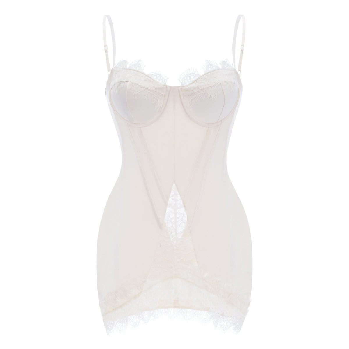 Juliette White Satin Mini Dress with Lace Panels (Final Sale-US Only)