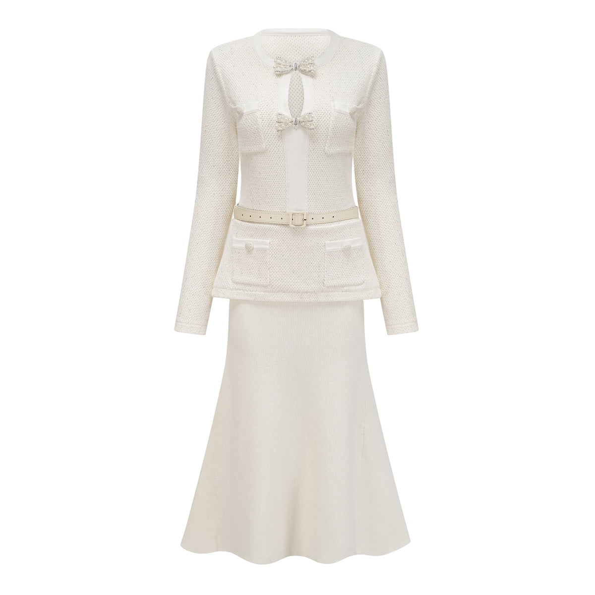 Adélade White Embellished Knit Midi Dress (Final Sale)