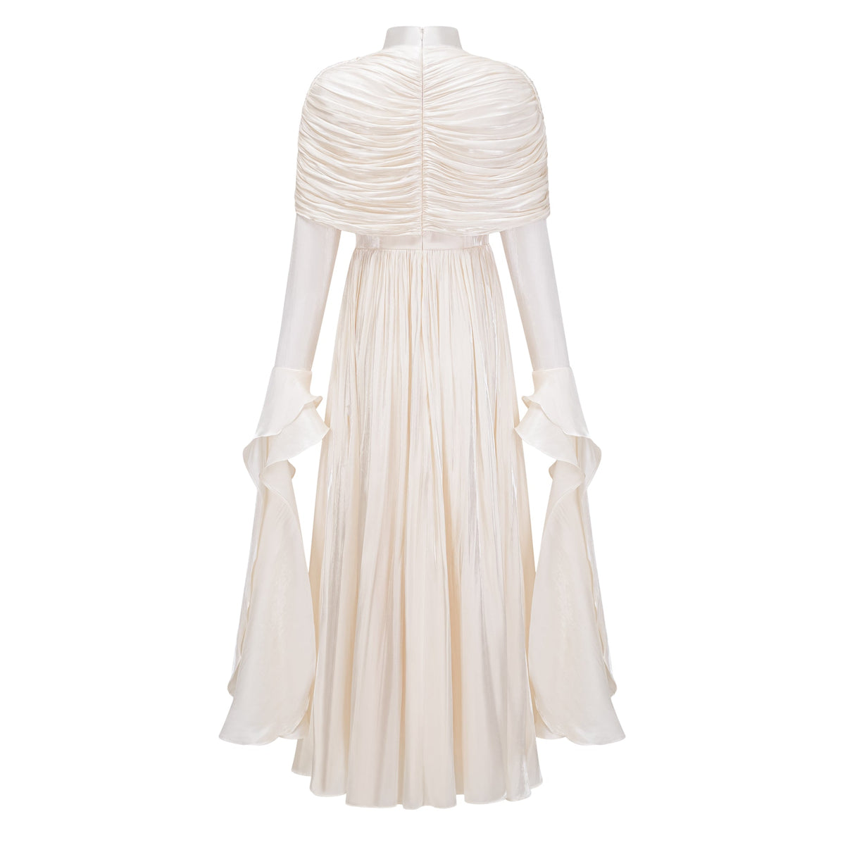 Gustave Neutral Ruched Cape Ruffled Maxi Dress (Final Sale-US Only)