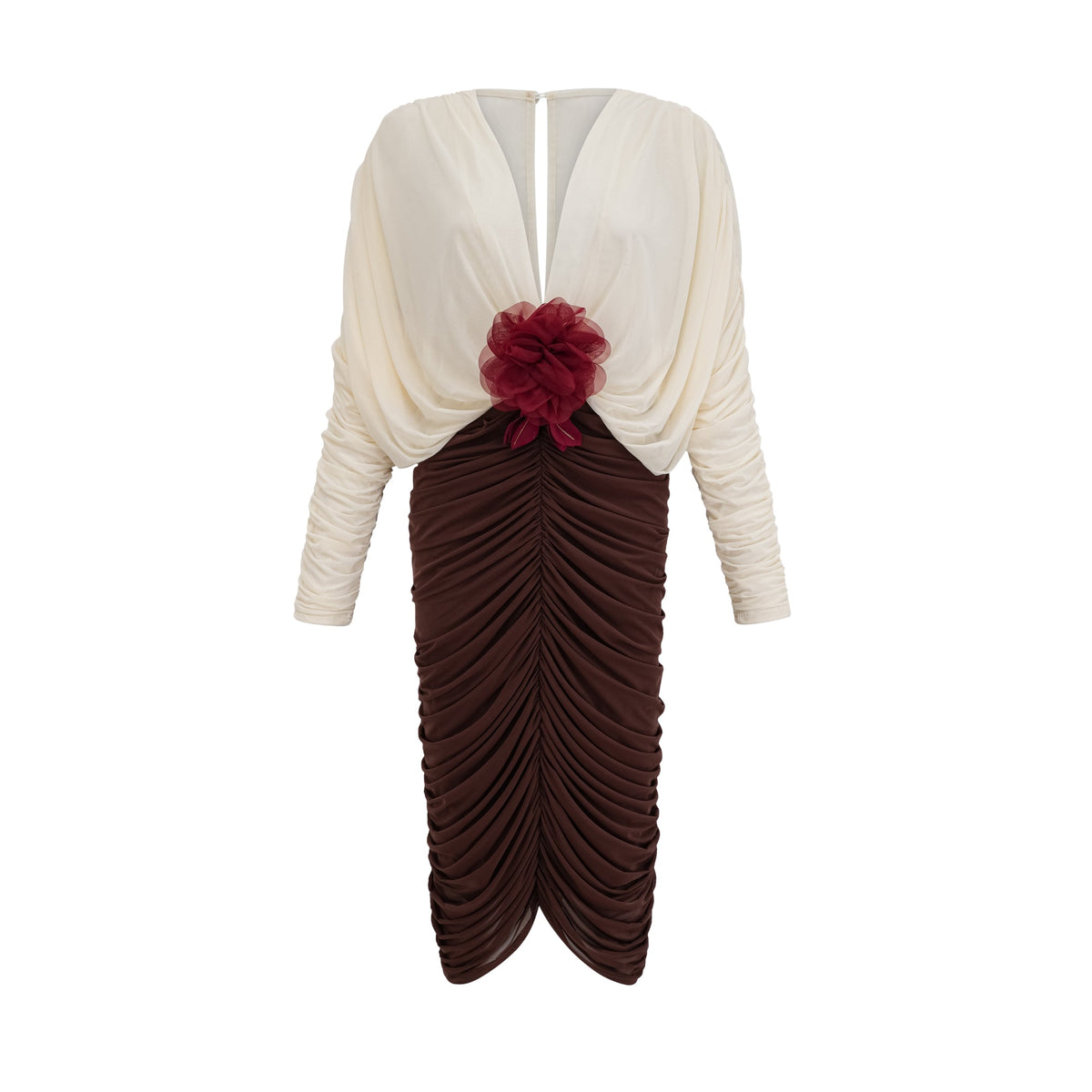 Léontine color-blocked flower-brooch ruched midi dress (Final Sale-US Only)
