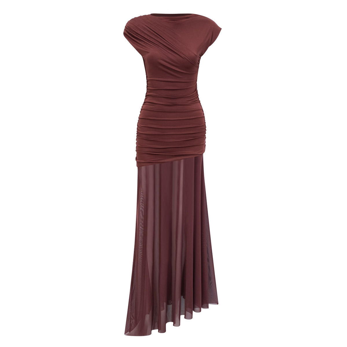 Seren Brown Ruched Tulle Panel Maxi Dress (Final Sale-US Only)