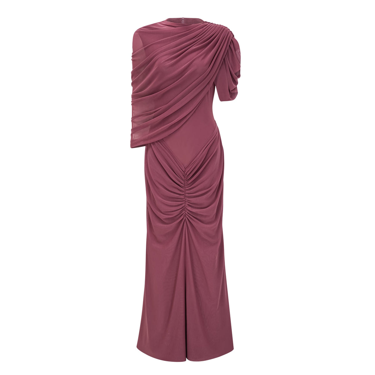 Liliana Brown Asymmetrical Ruched Cape Maxi Dress (Final Sale-US Only)