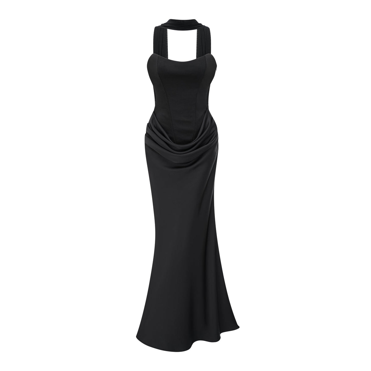 Berit Black Scarf Off Shoulder Ruched Maxi Dress (Final Sale-US Only)