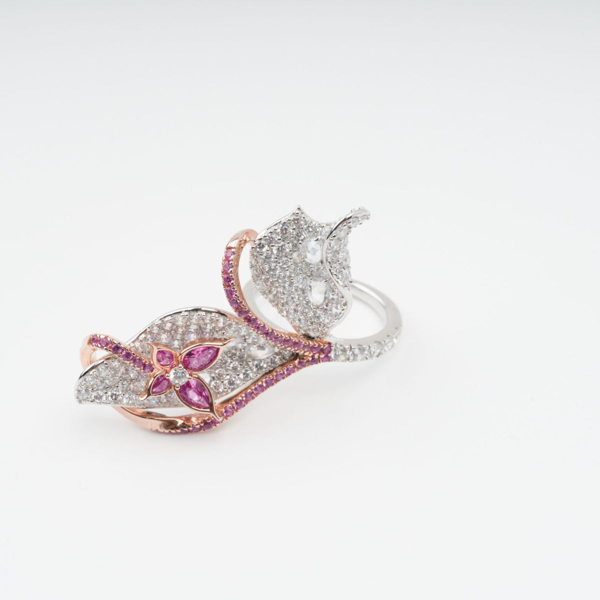 Scintillement Pink Crystal Embellished Sterling Silver Ring Set (3 Pieces)