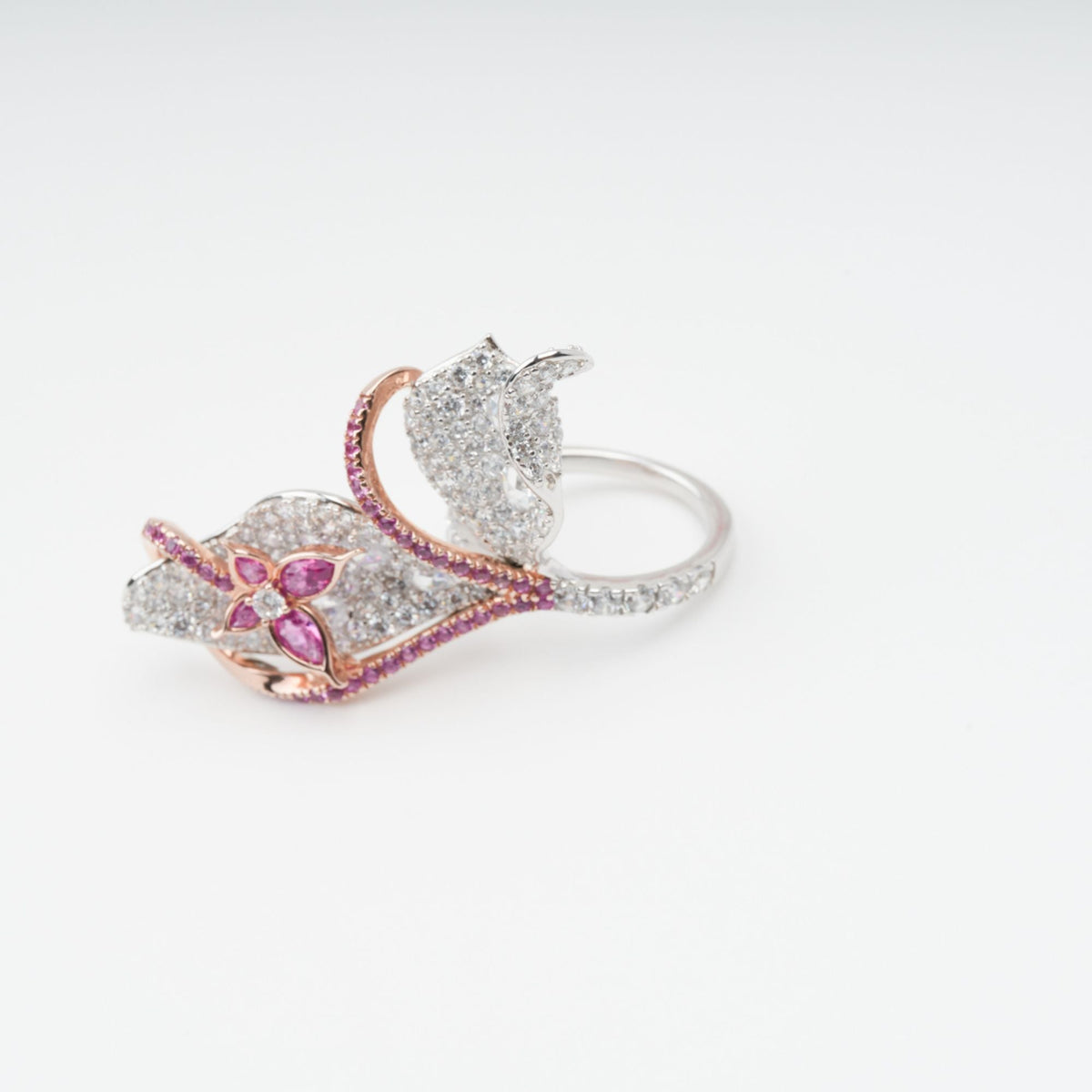 Scintillement Pink Crystal Embellished Sterling Silver Ring Set (3 Pieces)