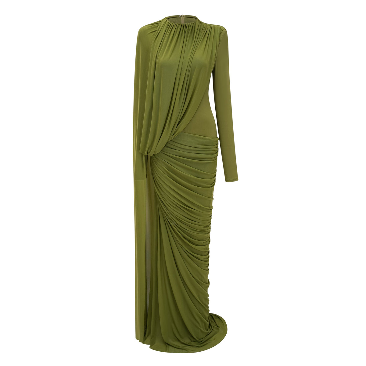 Emilia Green Asymmetrical Ribbon Draped Maxi Dress