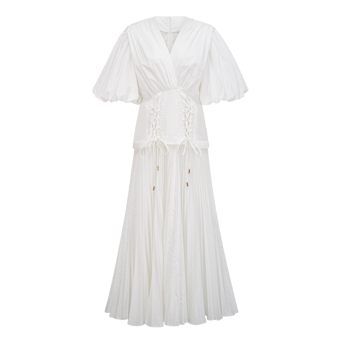 Vienne White Lace-Up Pleated Maxi Dress