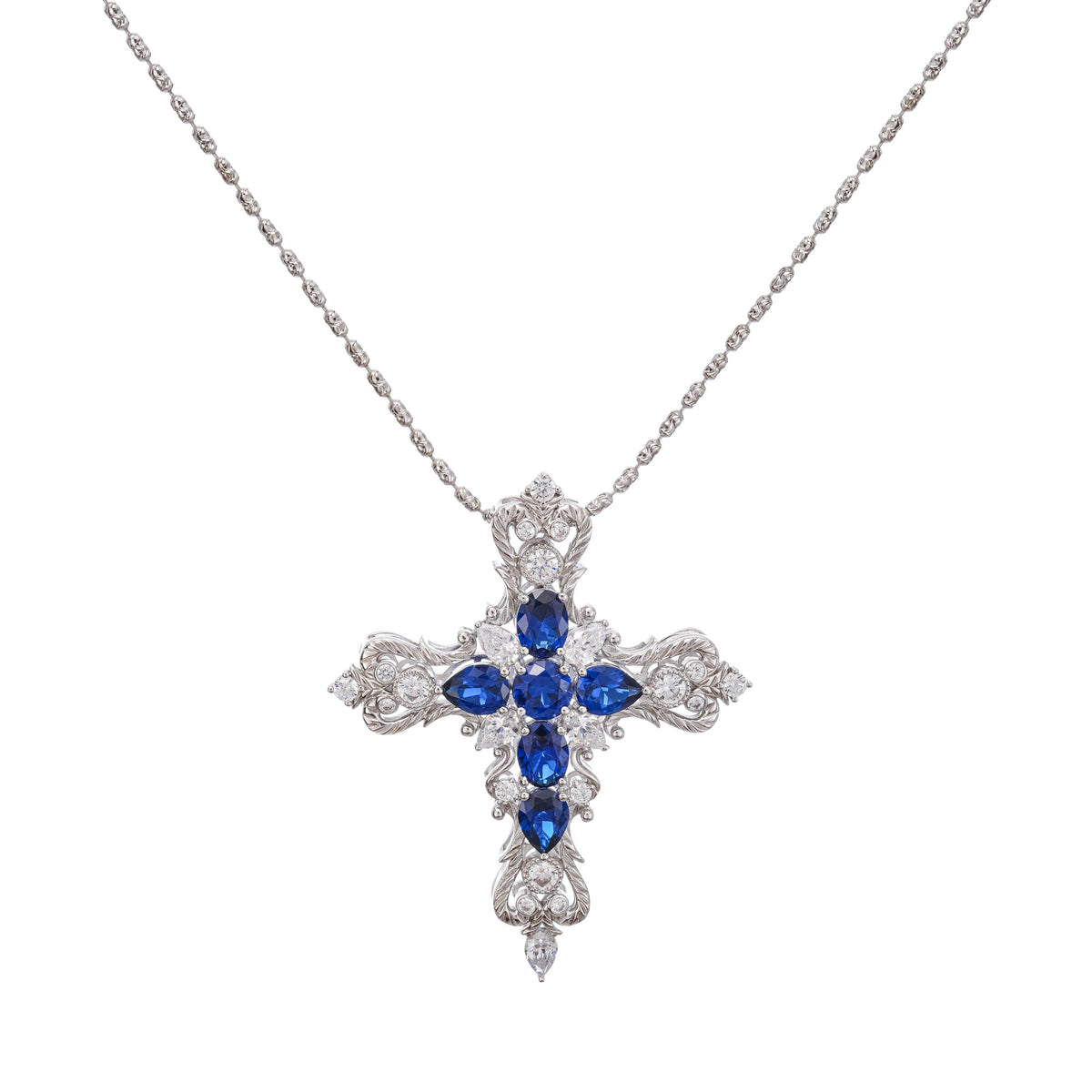 Tuulikki Blue Cross Shaped Pear Cut Gemstone Pendant Sterling Silver Necklace