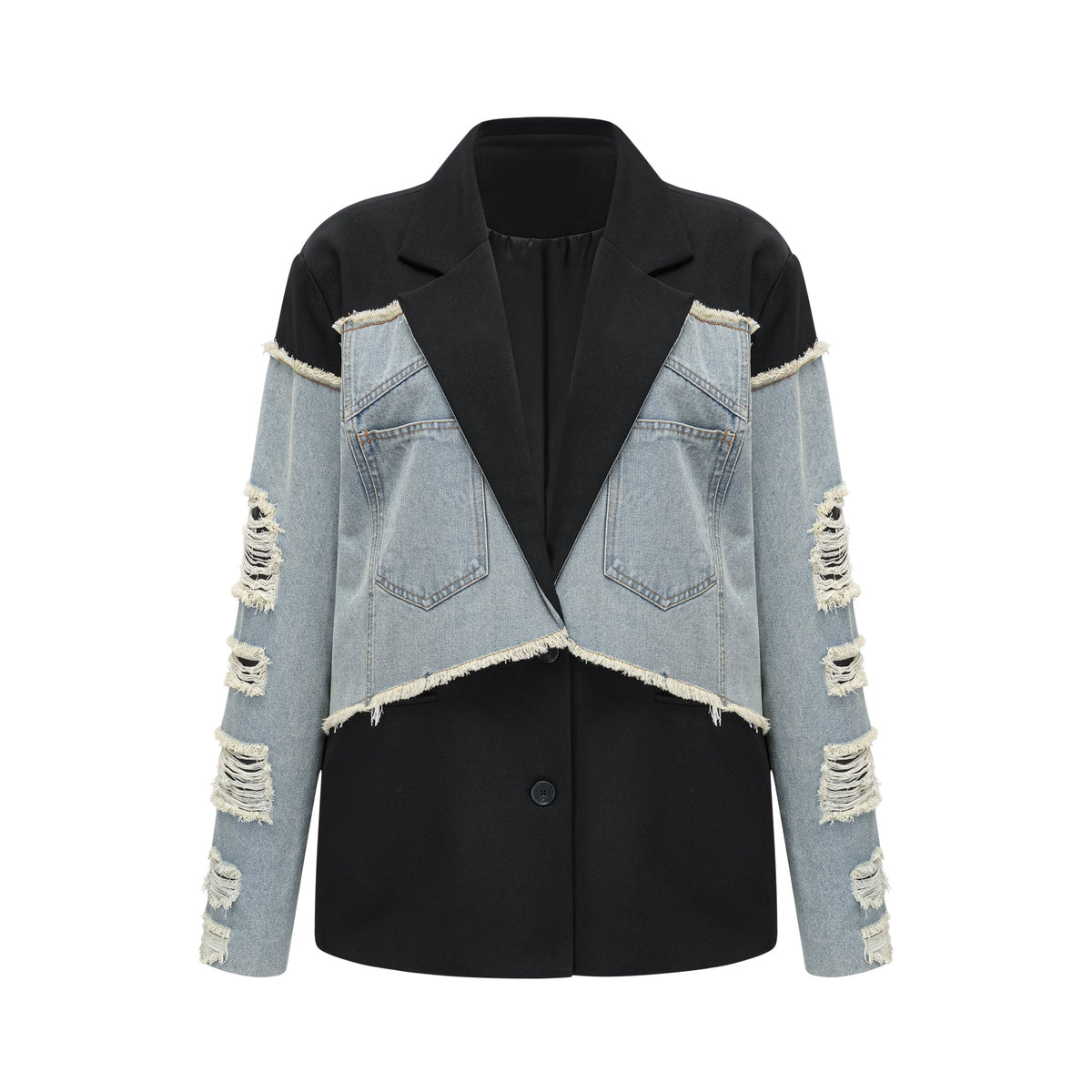 Halley black denim-panel ripped blazer
