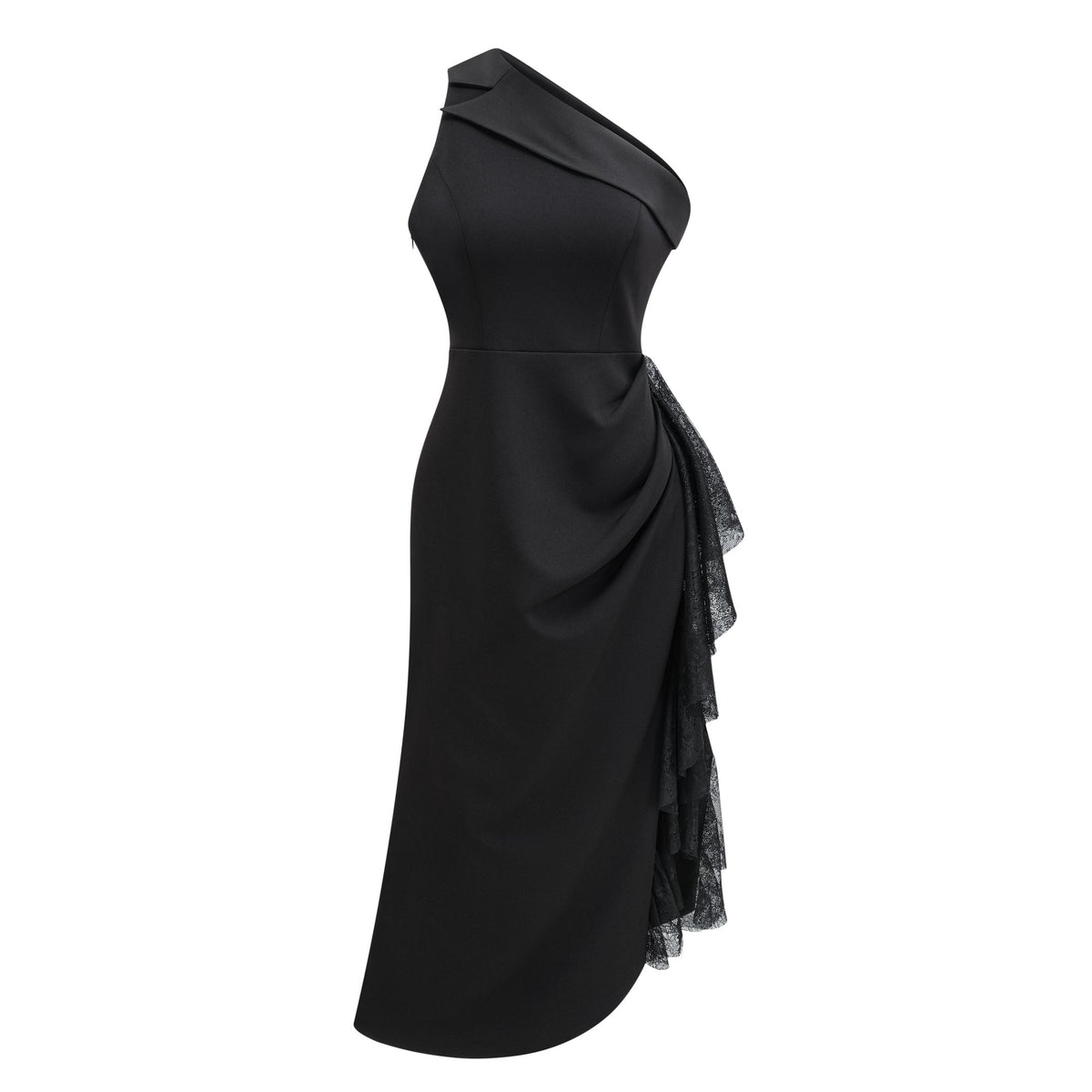Bernadette black lace-panell asymmetrical midi dress