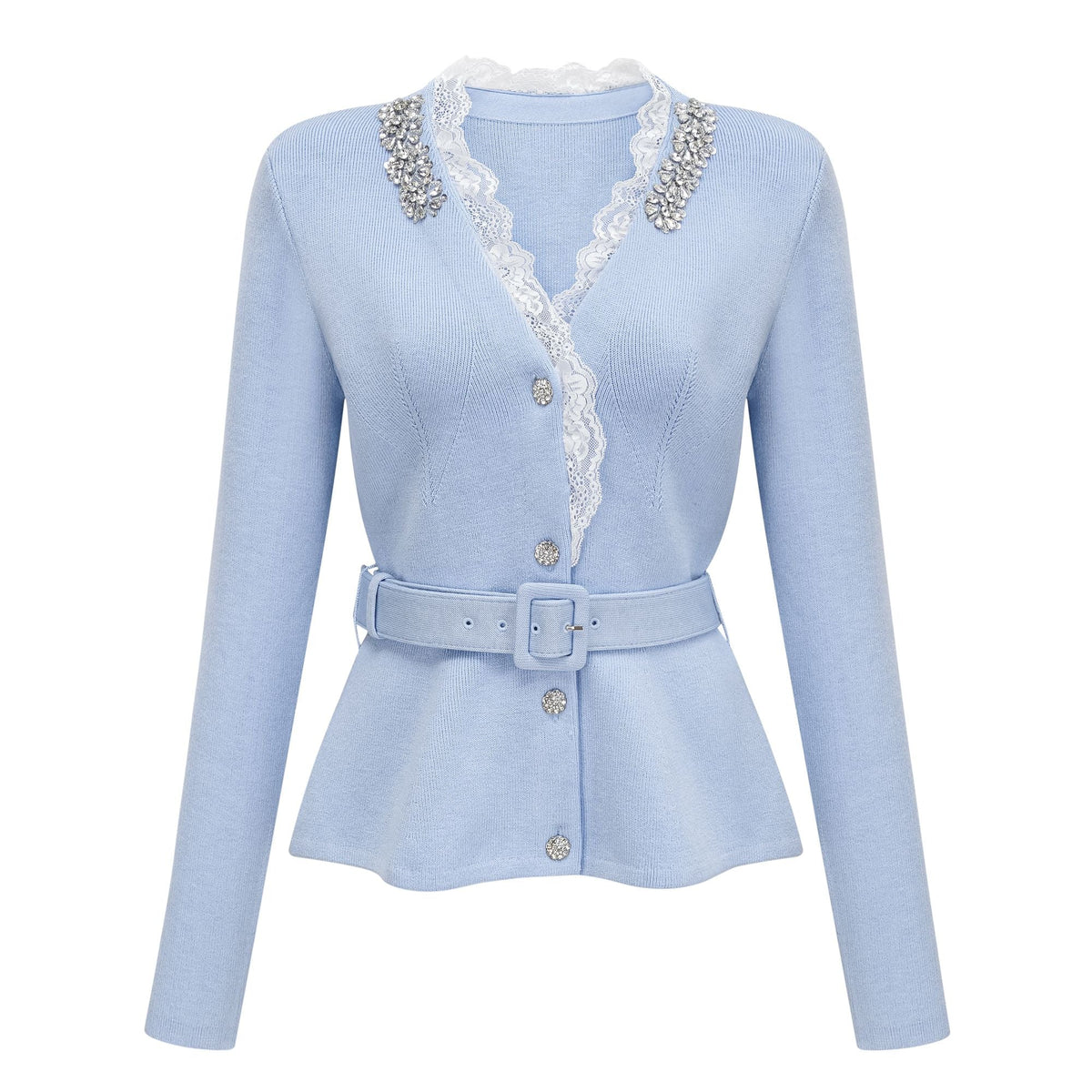 Irina Blue Embellished Ruffled Ribbed Knit Cardigan (Final Sale-US Only)