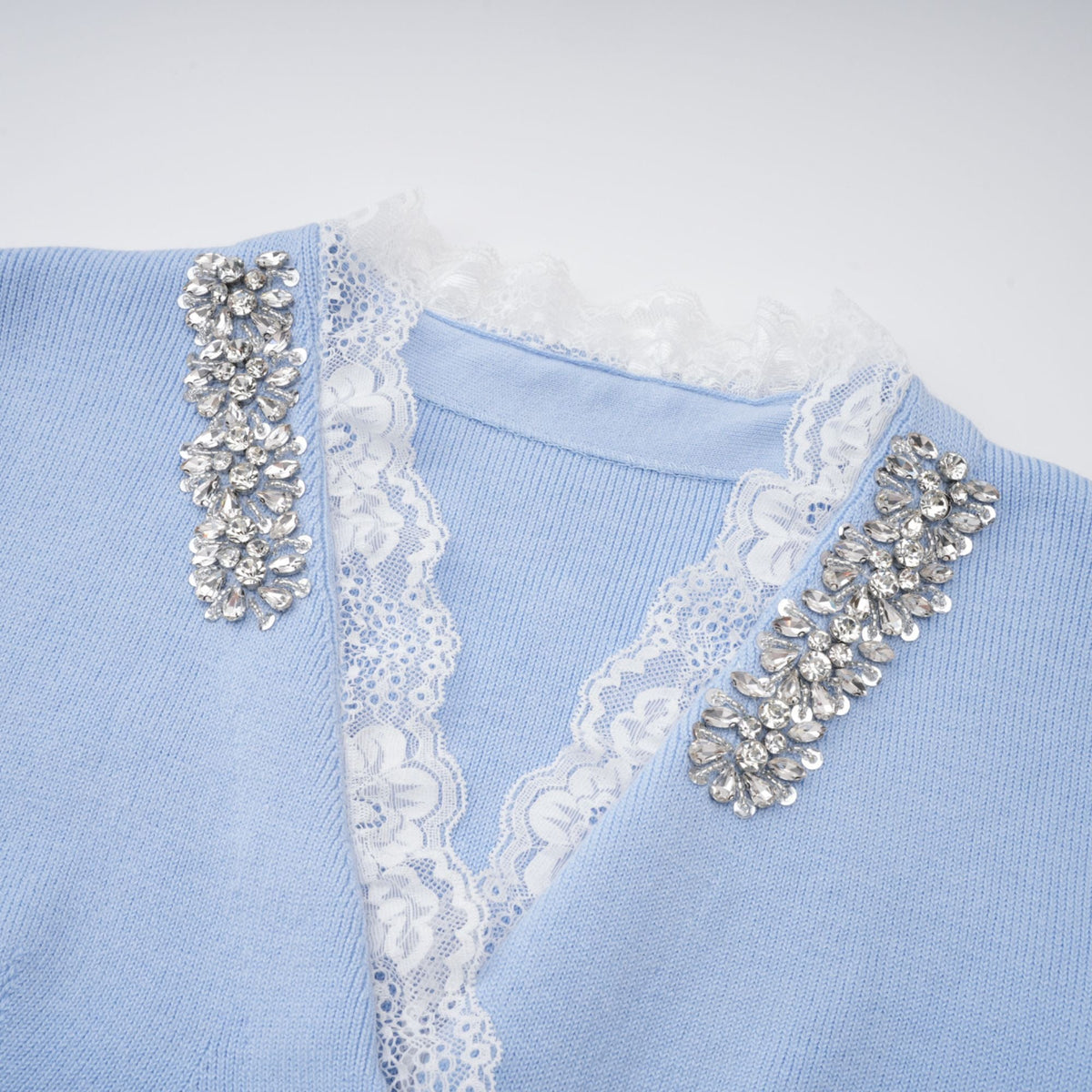 Irina Blue Embellished Ruffled Ribbed Knit Cardigan (Final Sale-US Only)