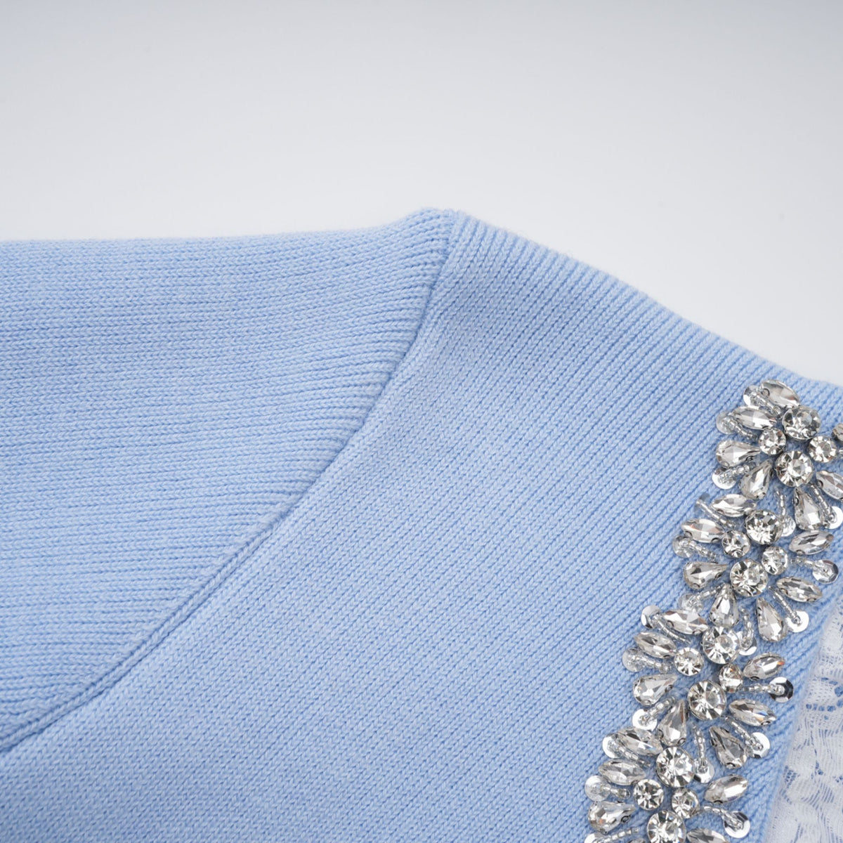 Irina Blue Embellished Ruffled Ribbed Knit Cardigan