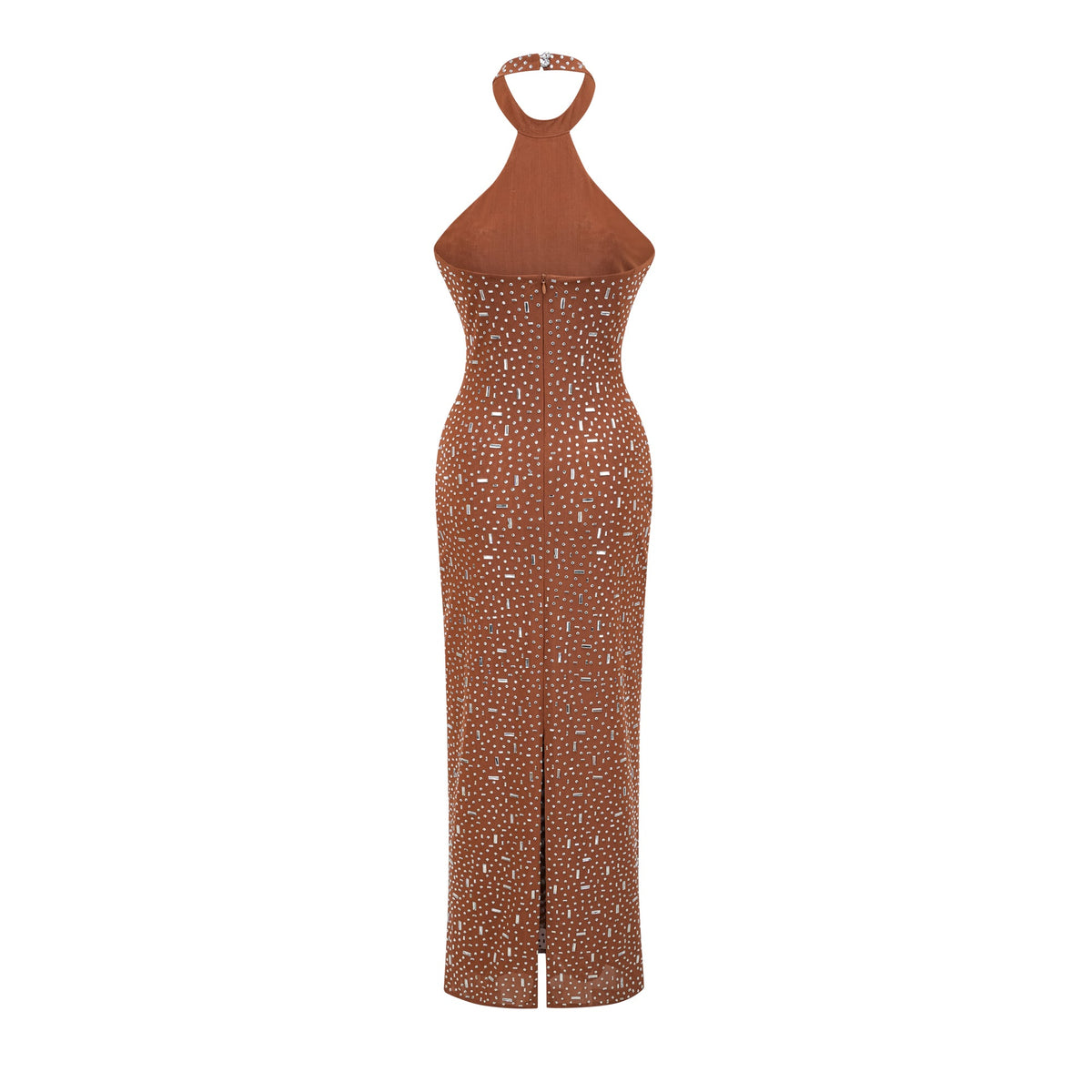 Désirée brown embellished halter neck bodycon maxi dress