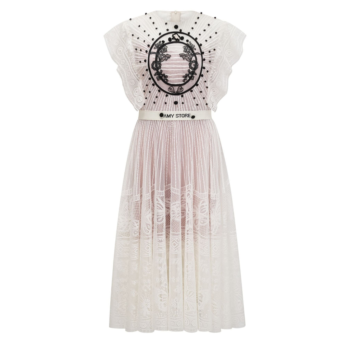 Phoebe White Jacquard Floral-lace Pleated Midi Dress