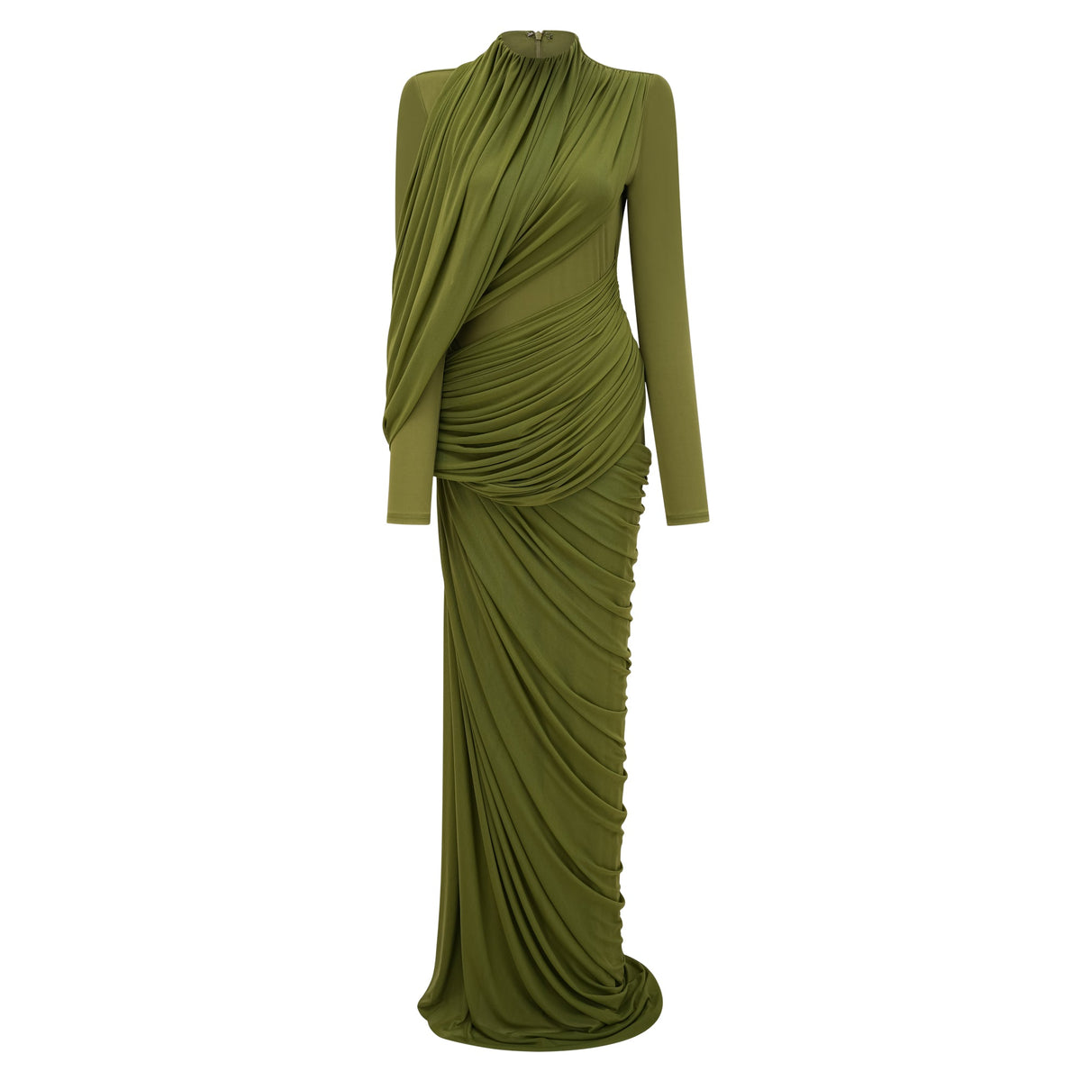 Arlette Green Asymmetrical Ruched Maxi Dress