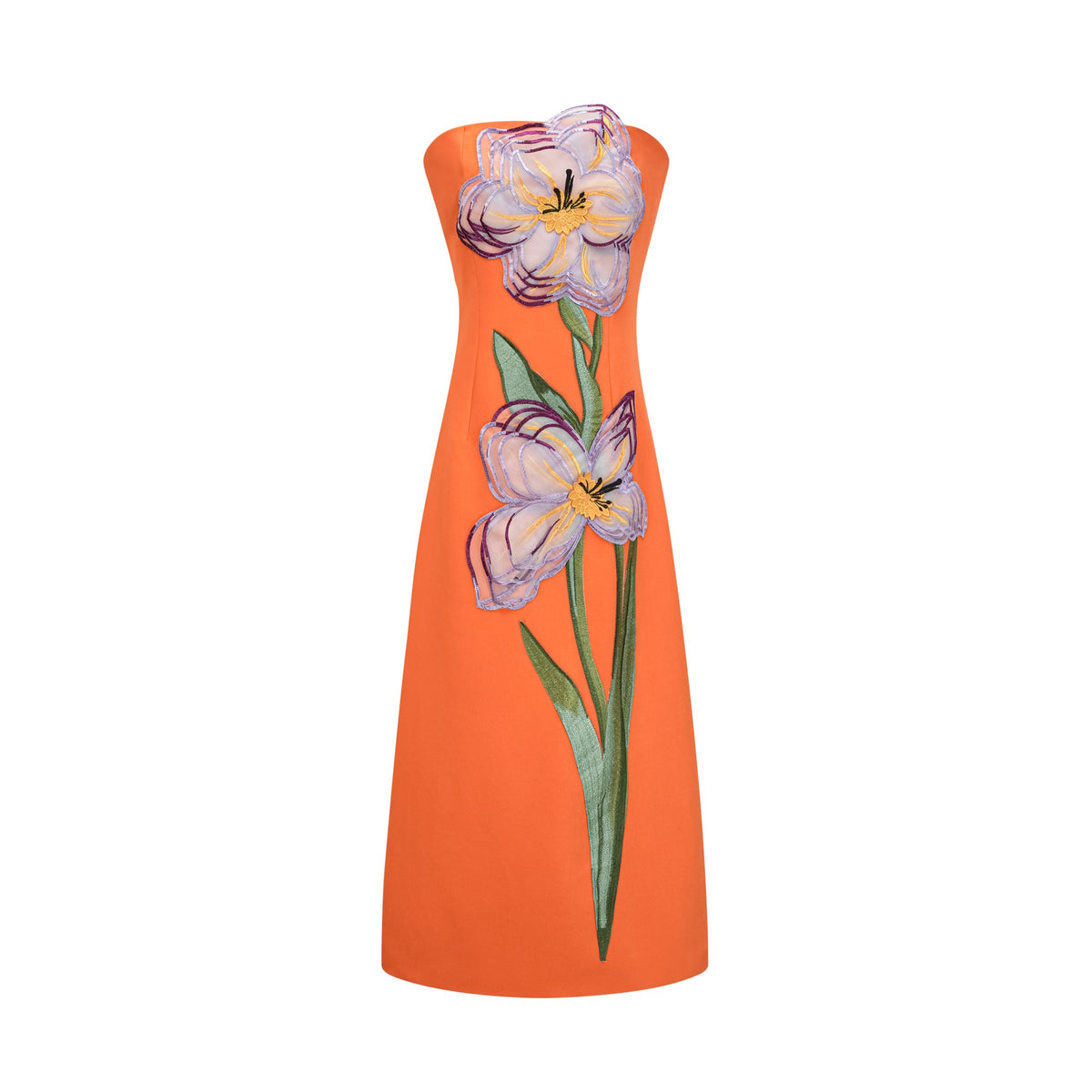 Irène Sequin Embroidered Off-Shoulder Midi Dress in Orange