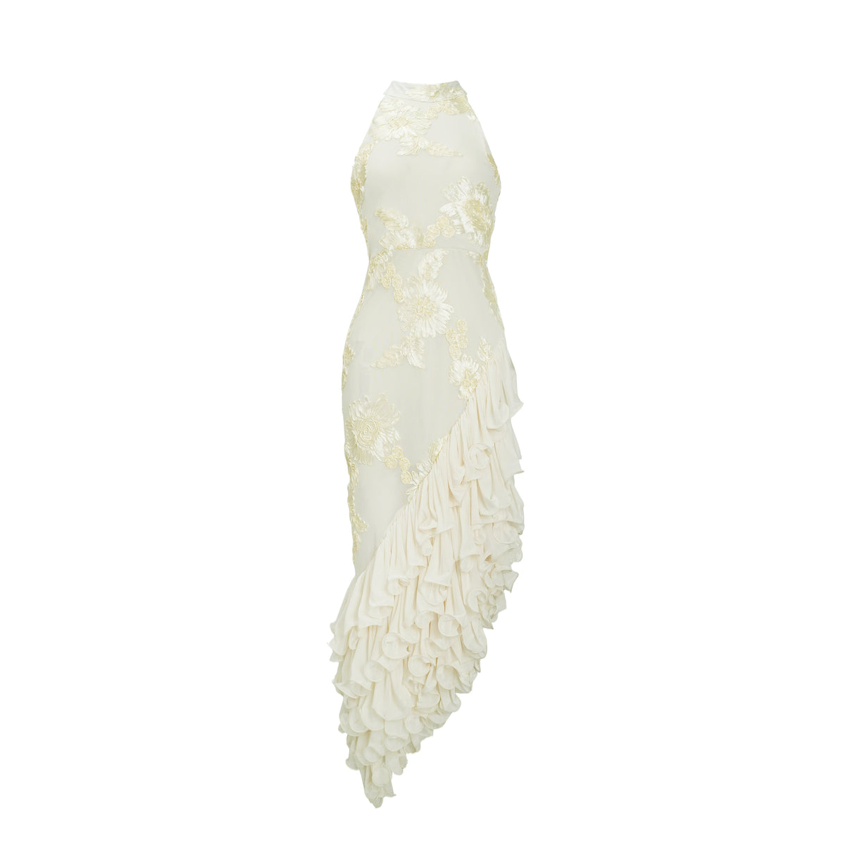 Théoline Neutral Asymmetrical Ruffled Floral Midi Dress