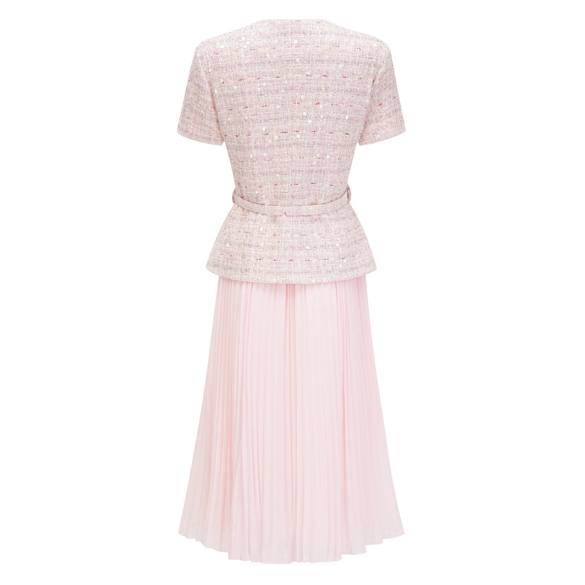 Tahmineh Pink Tweed Pleated Midi Dress