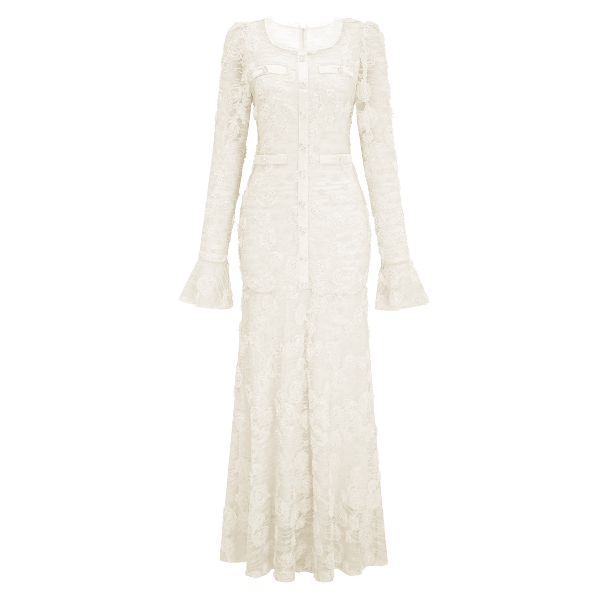 Branwen Neutral 3D-Floral Embroidered Lace Maxi Dress