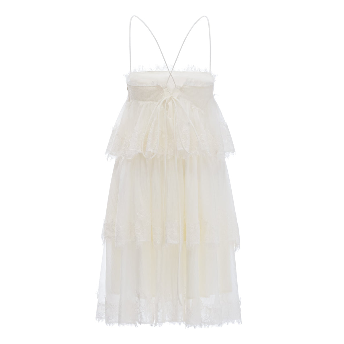 Rachel Beige Tiered Mini Dress with Lace Trim