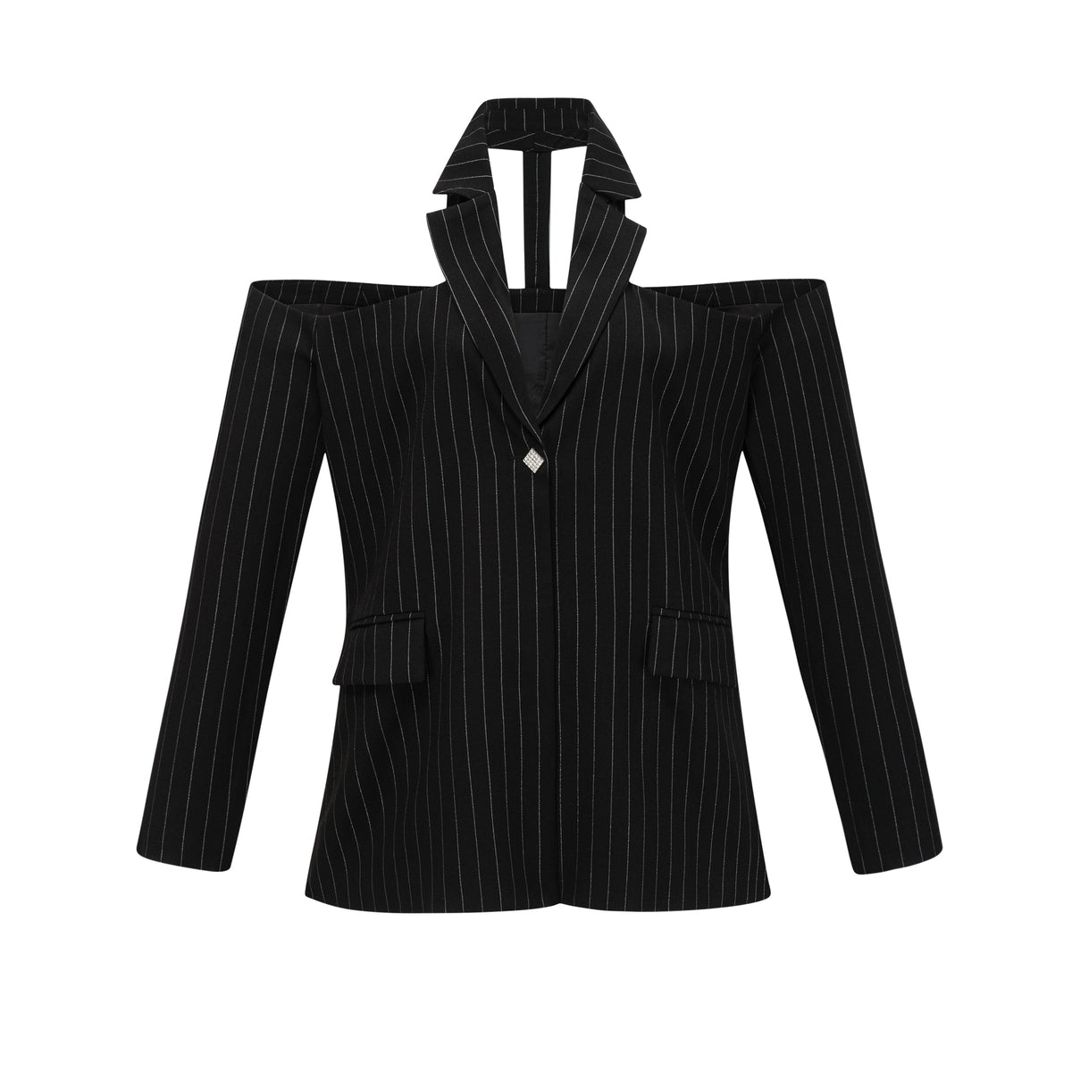Stefania black striped open-back  blazer mini dress  - Black