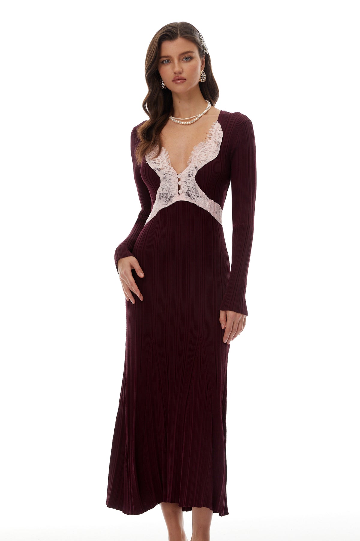 Dagný Burgundy Lace Trim Knit Midi Dress (Final Sale)