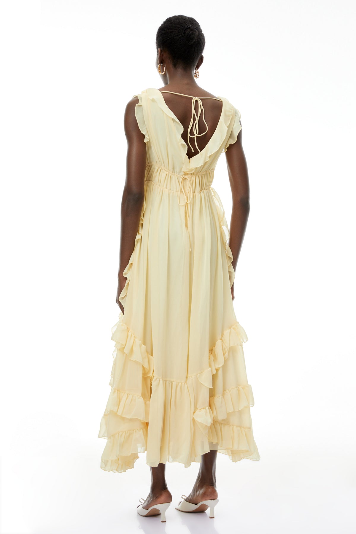 Dahlia Yellow Ruffled Maxi Dress with Lace-Up Detail (Final Sale)