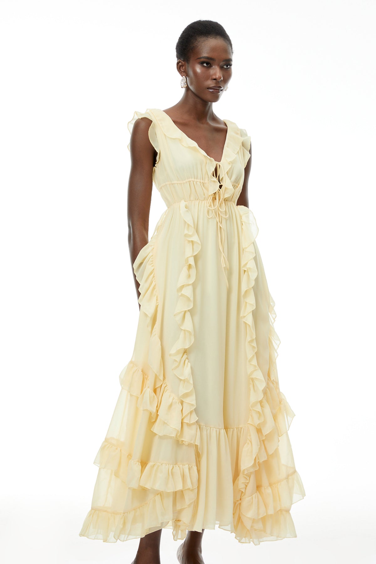 Dahlia Yellow Ruffled Maxi Dress with Lace-Up Detail (Final Sale)