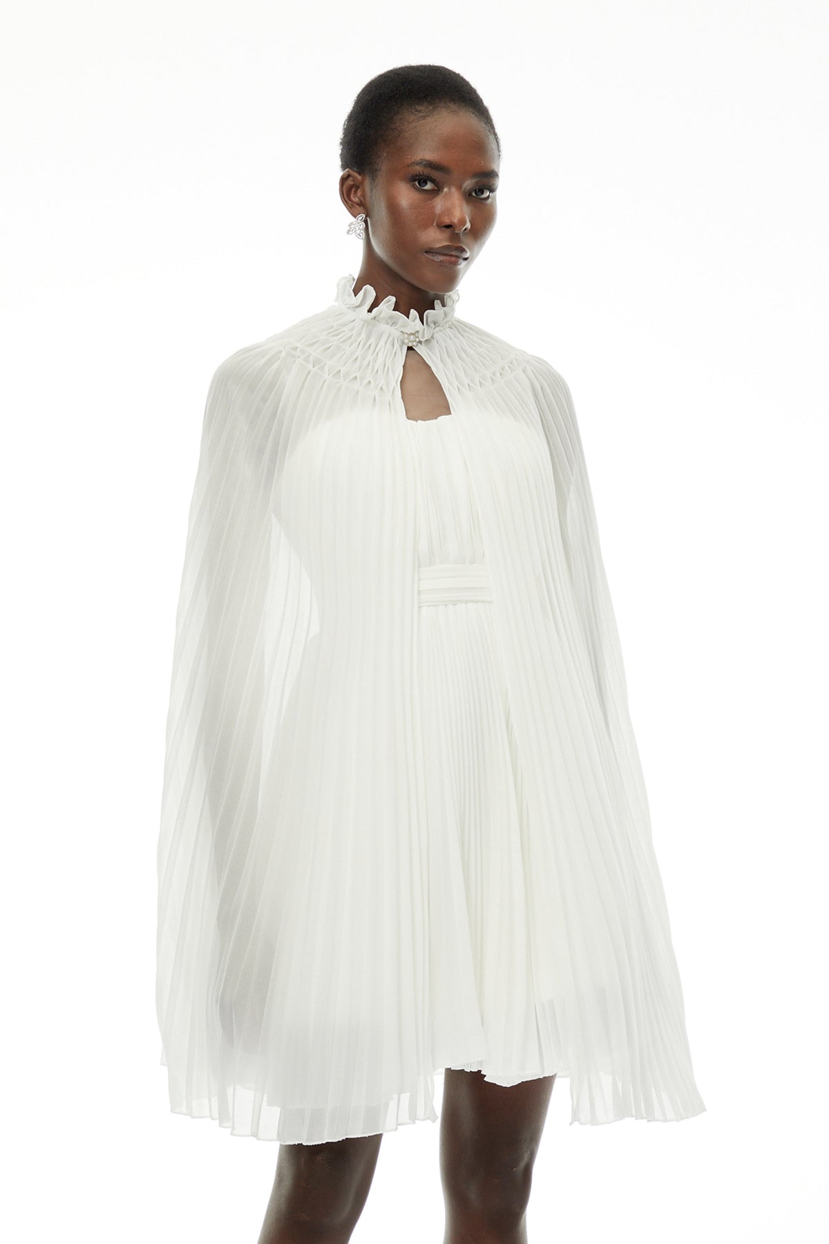 Daphne White High Neck Pleated Dress & Cape Set