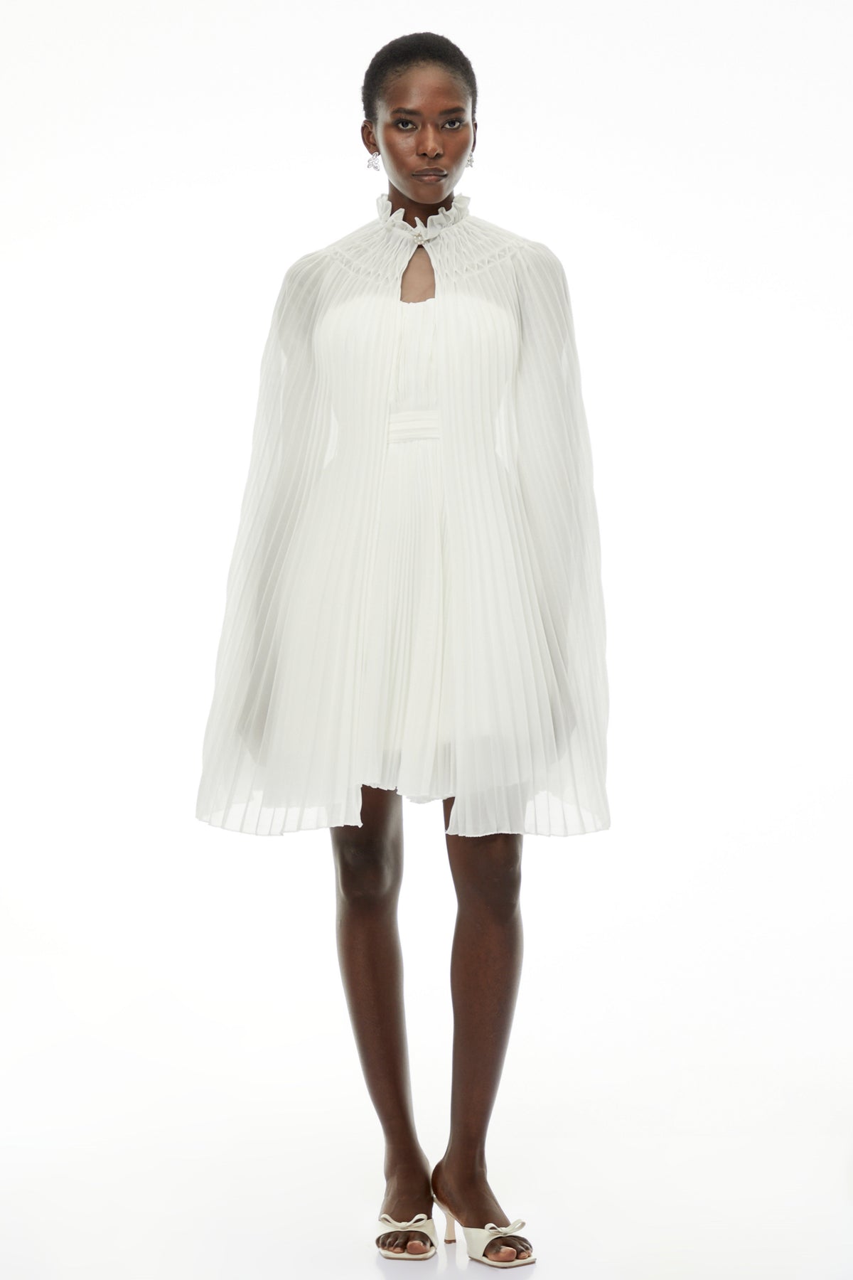 Daphne White High Neck Pleated Dress & Cape Set