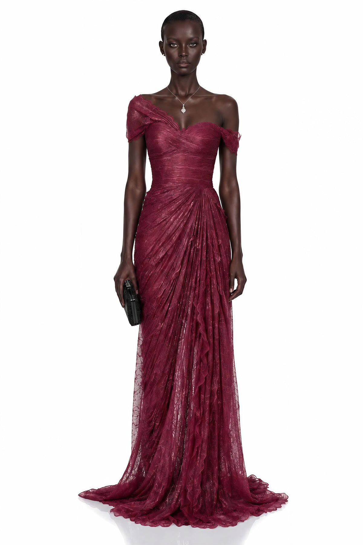 Defne Pink One Shoulder Ruched Lace Maxi Dress