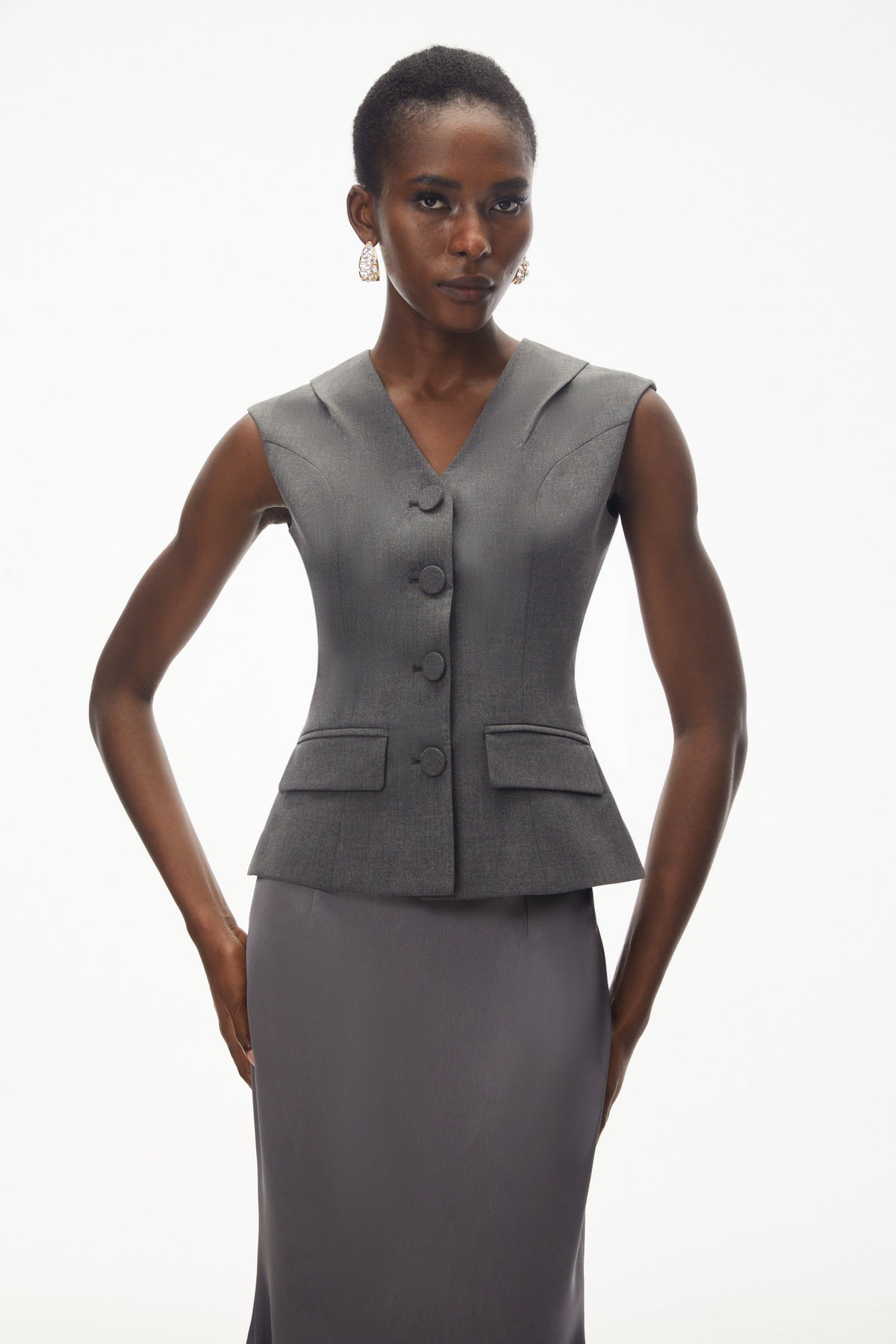 Delaram Grey Sleeveless Top & Fishtail Skirt Set